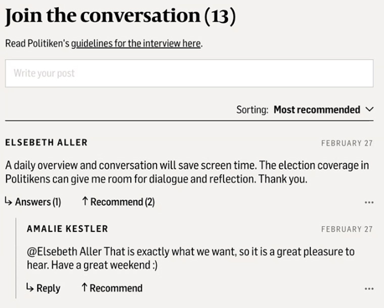 Politiken’s editor-in-chief Amalie Kestler responds to a reader’s comment.