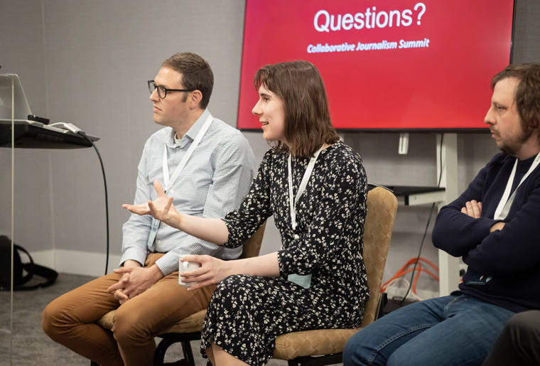 From left to right: Benjamin Toff, director of the Minnesota Journalism Center at the University of Minnesota; Ellery Jones, audience engagement specialist for the Chicago Sun-Times; and Matt Adams, director of audience engagement and growth for the Texas Tribune. Photo by Aaliah Hartley, courtesy of the Center for Cooperative Media.