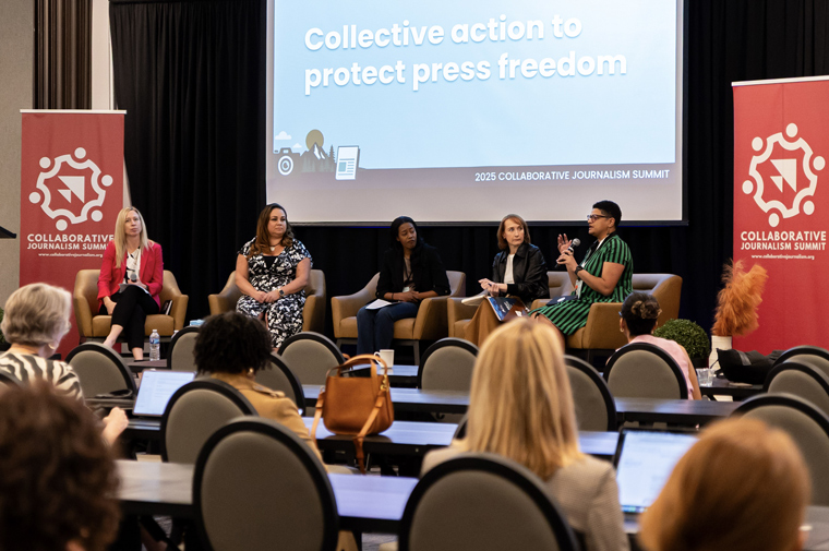 INMA Newsroom Transformation Initiative Lead Amalie Nash (left), moderating a panel on press freedom during the Collaborative Journalism Summit in Denver. Photo by Aaliah Hartley, courtesy of the Center for Cooperative Media.