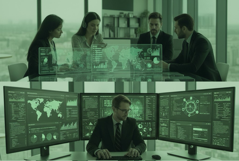 An AI image of newsroom data in action, from Google Gemini.