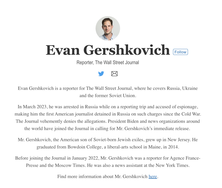 Wall Street Journal correspondent Evan Gershkovich was arrested in Russia in March.