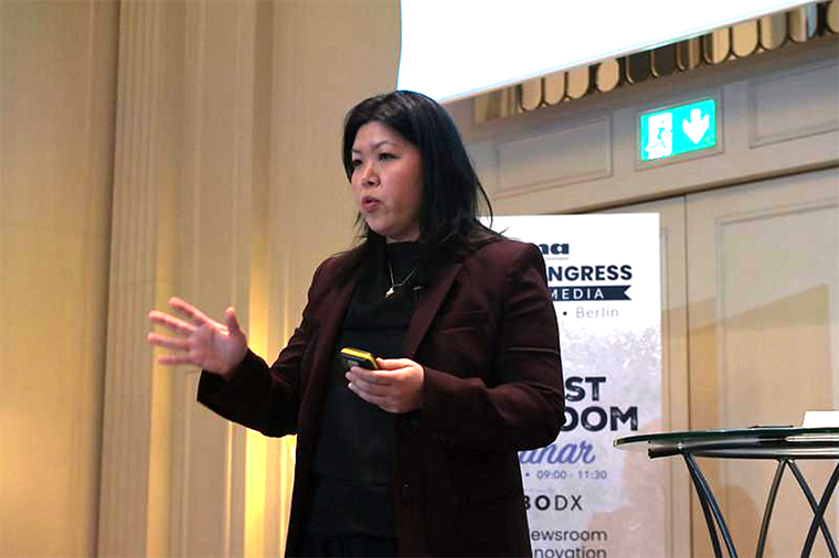  Lyn-Yi Chung, chief editor for growth and innovation at Mediacorp, speaks at the Newsroom Innovation seminar in Berlin.