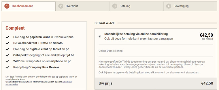 The checkout process for De Tijd, a financial newspaper, outlines four easy steps to sign up for a subscription.