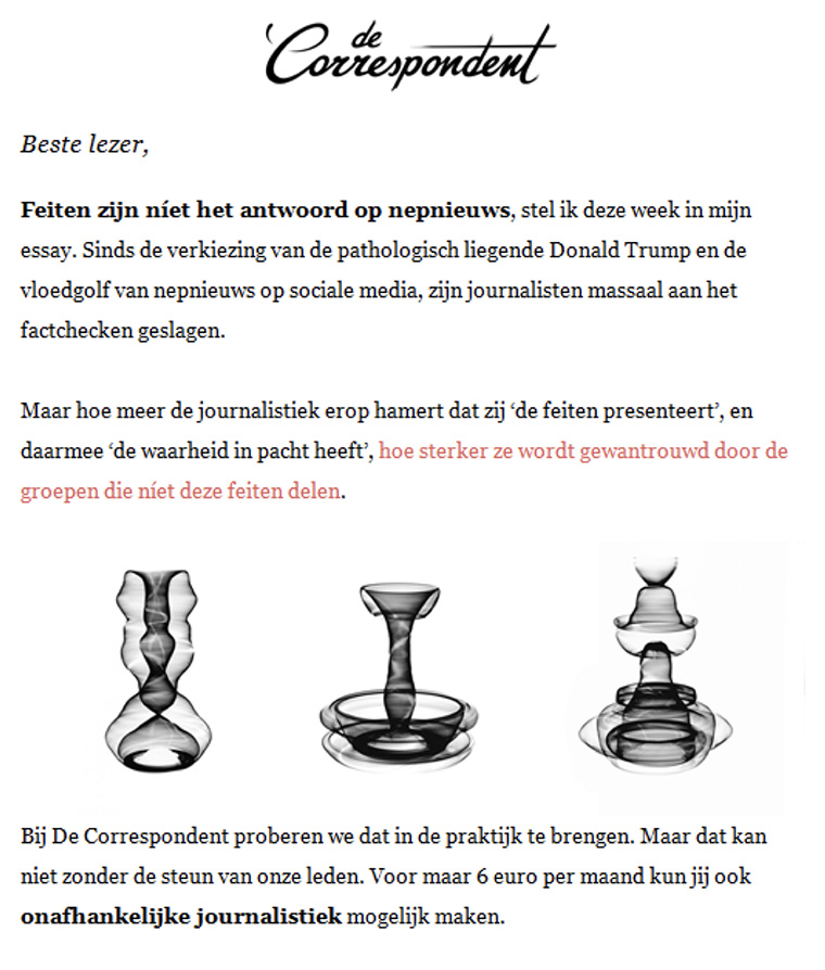 De Correspondent funds its content with something similar to a crowdfunding campaign.