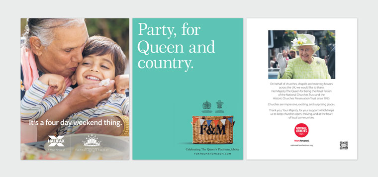 Brands Halifax, Fortnum & Mason, and National Churches Trust centered print ads on the celebration.