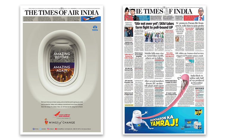Front-page jackets and edit wraps draw attention to print advertisements.
