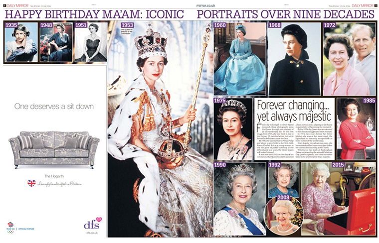 DFS took advantage of the Queen's birthday to place a relevant advertisement.