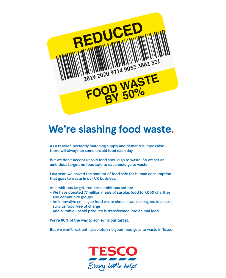 Several brands, including Tesco, are using print ads to communicate their environmental impact.