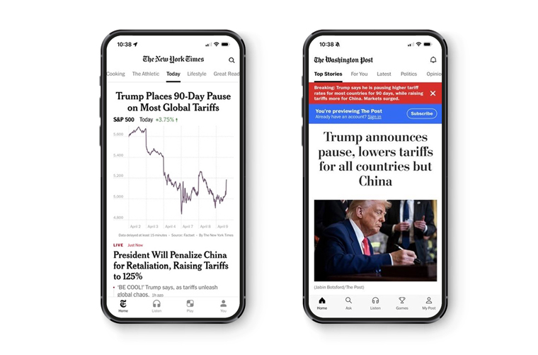 Screenshots of mobile apps for The New York Times and The Washington Post.