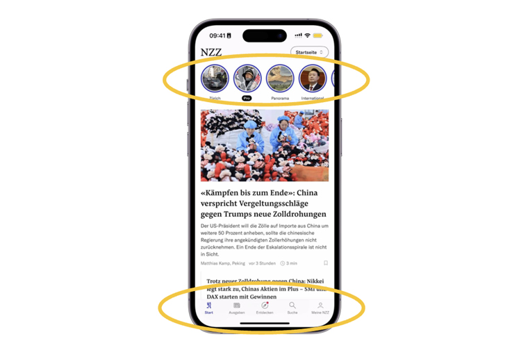 Screenshot of NZZ's redesigned mobile app.