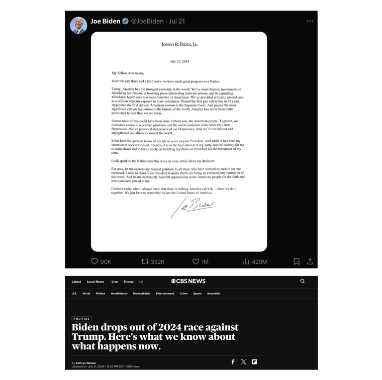 Top photo: President Biden announces he will not run for re-election. Bottom photo: News organisations gave context to the story.