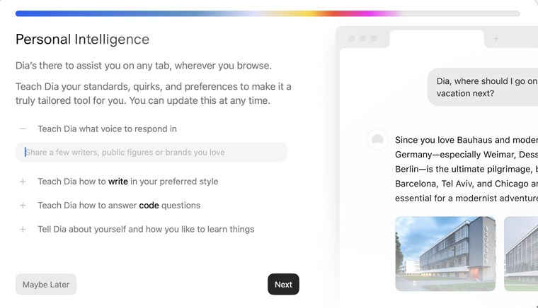 Onboarding screenshot from Dia.