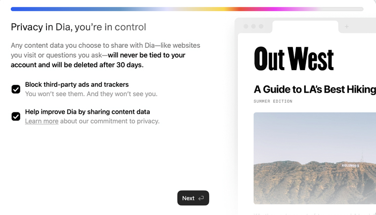 Onboarding screenshot from Dia.