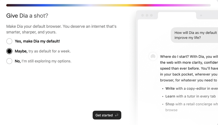 Onboarding screenshot from Dia.