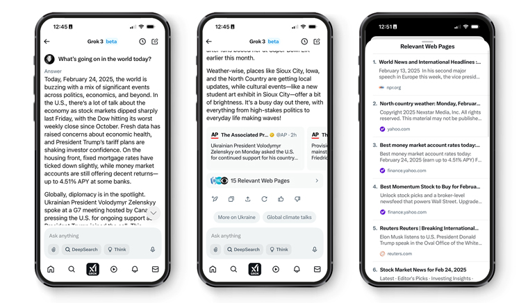Grok offers news summaries with sources and relevant Web pages.