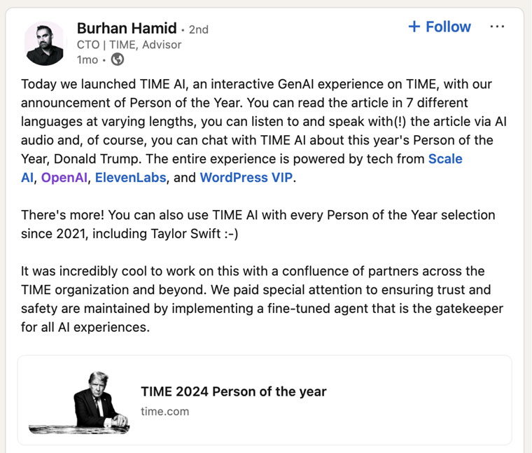 Burhan Hamid’s announcement on LinkedIn.