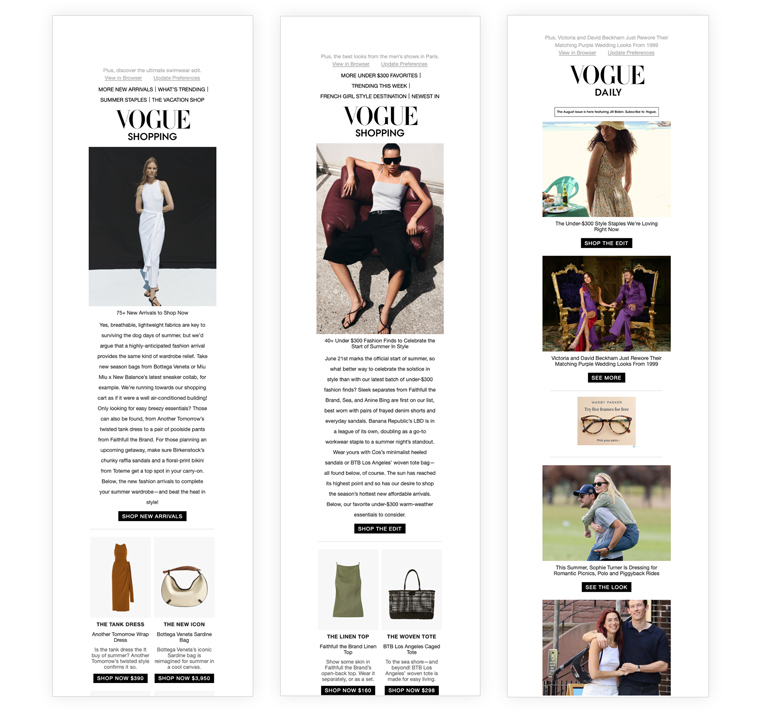 Examples of Vogue commerce newsletters.