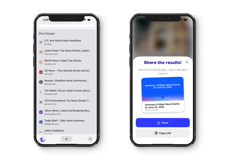 Arc Search also encourages users to share news summaries.
