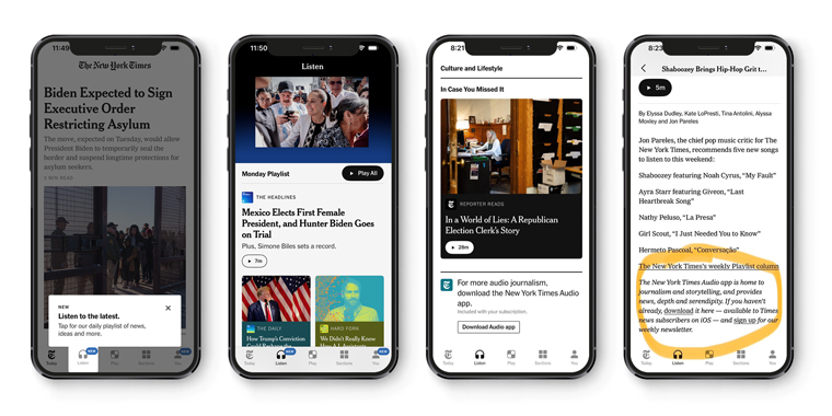Although The New York Times app has been updated with a Listen feature, it is still directing people to a stand-alone Audio app.