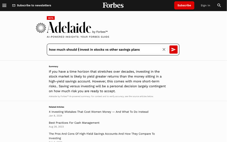 Forbes gives a summary plus related articles with its AI search product Adelaide.