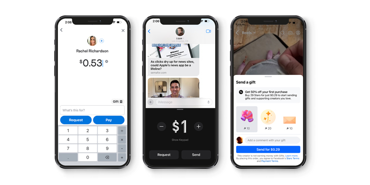 From left to right: Venmo makes micropayments easy, Apple allows payments of US$1 or more right there within messages, and Meta allows users to “tip” in the Facebook app.