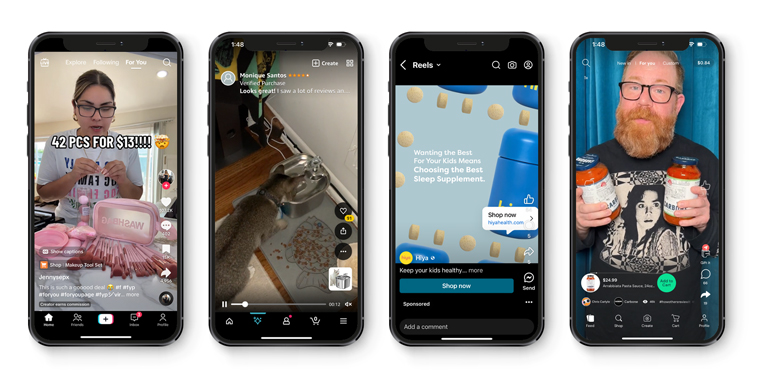 From left to right: TikTok, Amazon, Flip, and Facebook commerce examples.