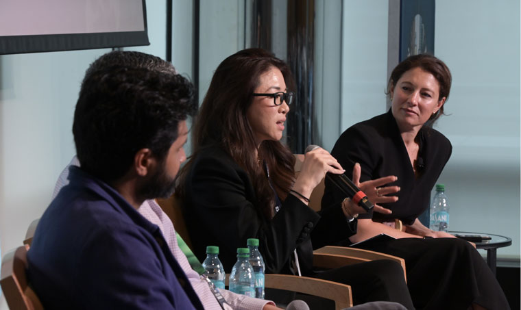 Jessica Chan from Perplexity (speaking) with Varun Shetty of Open AI (left) and INMA's Jodie Hopperton (right). Photo by Robert Downs Photography.