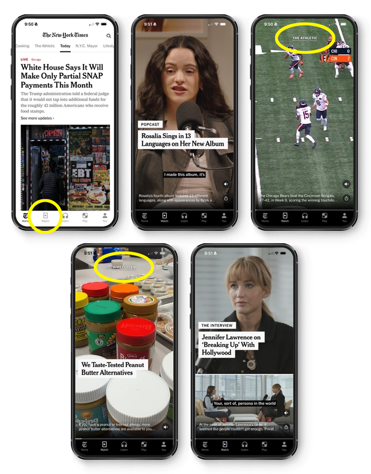 Screenshots from the new NYTimes Watch tab.
