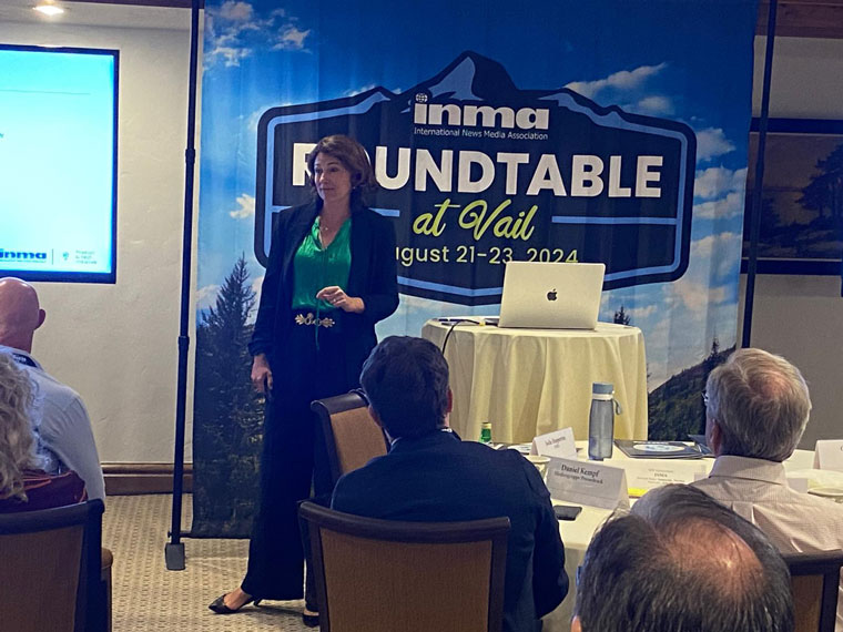 INMA Product and Tech Initiative Lead Jodie Hopperton leading the discussion with CEOs at the recent INMA Roundtable event in Vail.