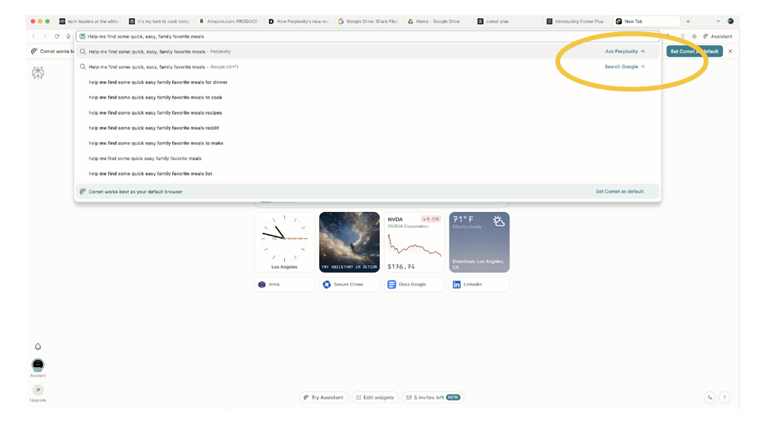 The Comet browser gives users the option of using Perplexity or Google.