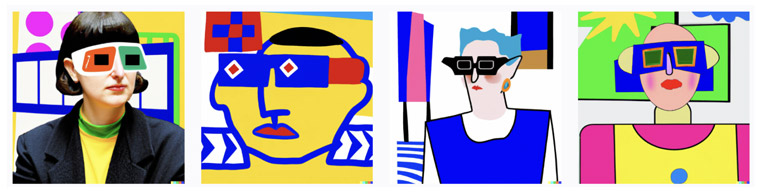 Images created by Dall E using the prompt: a person wearing AR glasses, in London, future, 20 years from now, in the style of Matisse.