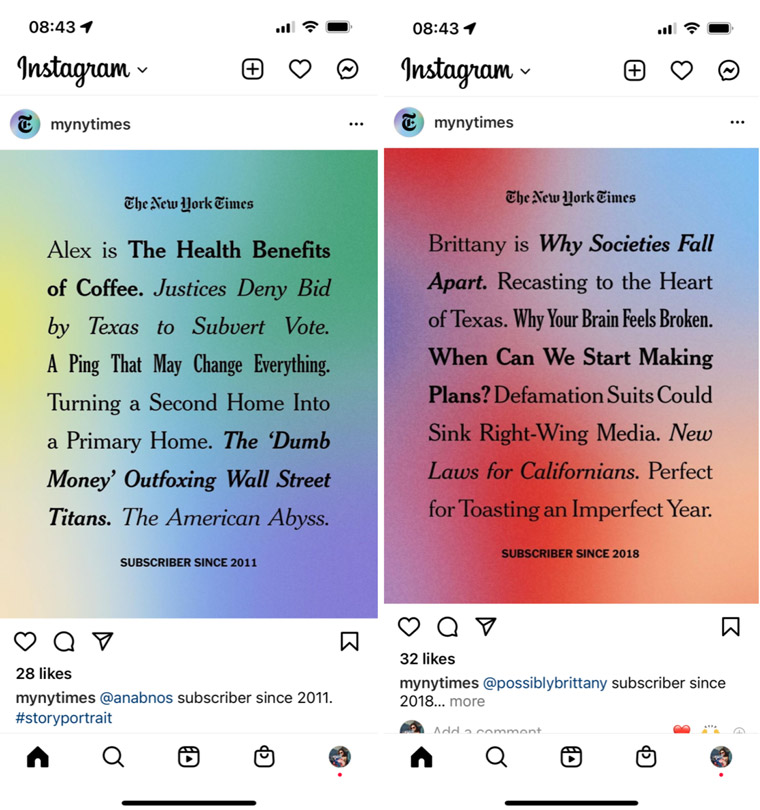 The New York Times offers "story portraits," summarising content a user has read.