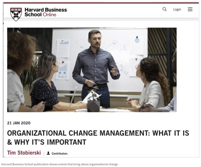 Harvard Business School publication shares events that bring about organisational change.