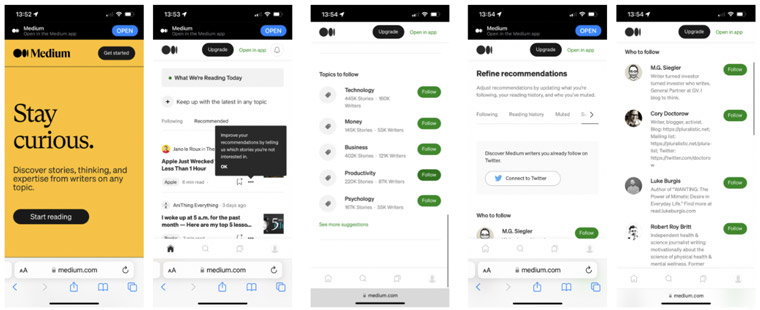 Medium asks users to pick their "topics" of interest to start their experience.