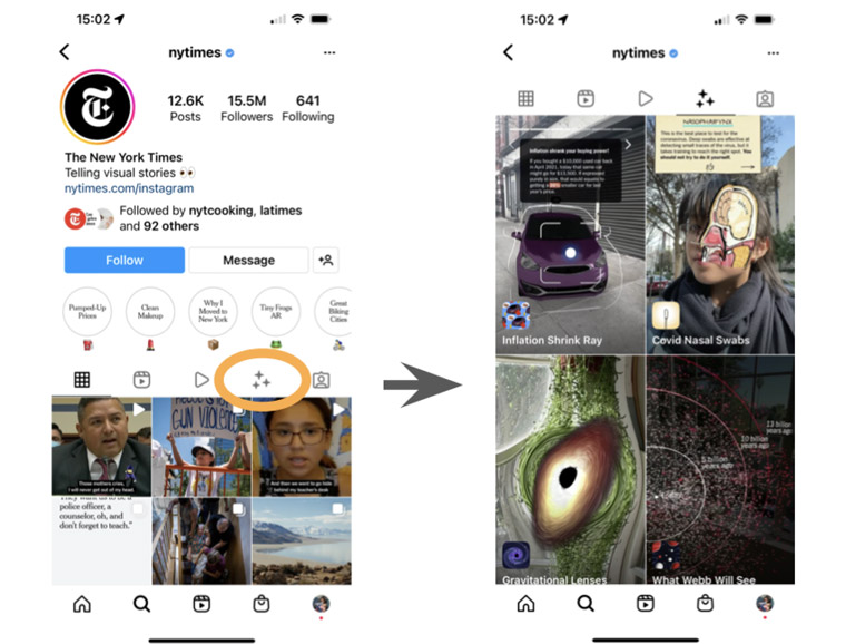 The New York Times shares AR experiences on its Instagram account.