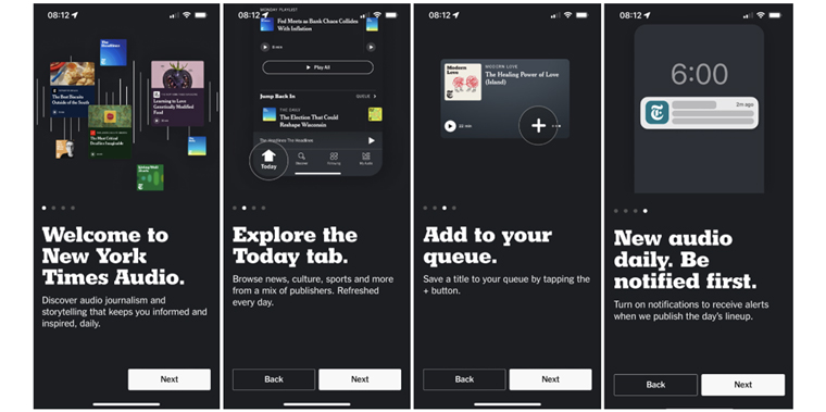 The onboarding process for The New York Times' Audio App.