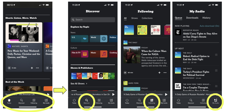 The app's navigation section allows listeners to easily find individual shows.
