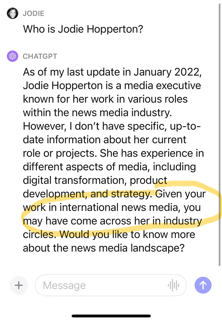 What ChatGPT knows about INMA Initiative Lead Jodie Hopperton.