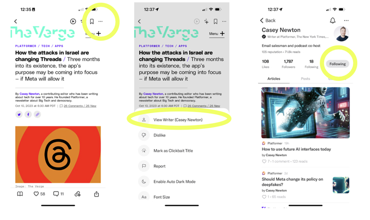 The Artifact app allows users to follow specific writers but doesn't allow them to search for writers.