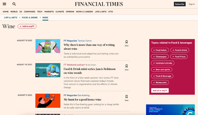 Financial Times suggests topics related to a user search to further engage readers.