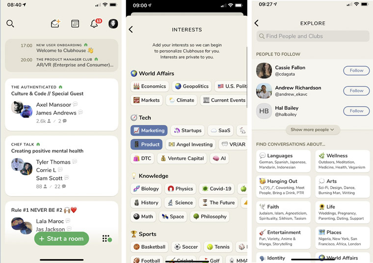 From left to right: Clubhouse home screen, how "interests" are added to a profile, and the search function.