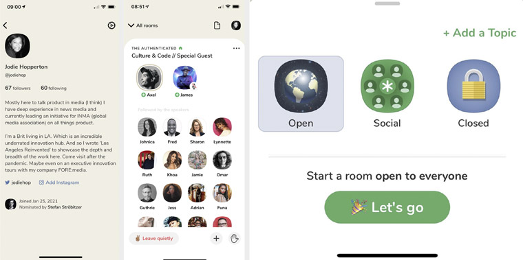 From left to right: Clubhouse profile page, a room inside the app, and options for start a room inside.