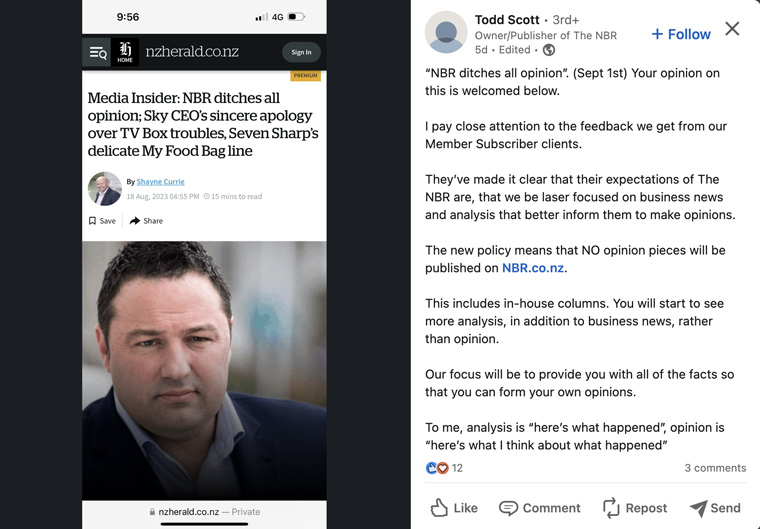 The National Business Review is not the only publication that has scaled back or eliminated opinion pieces in recent months.