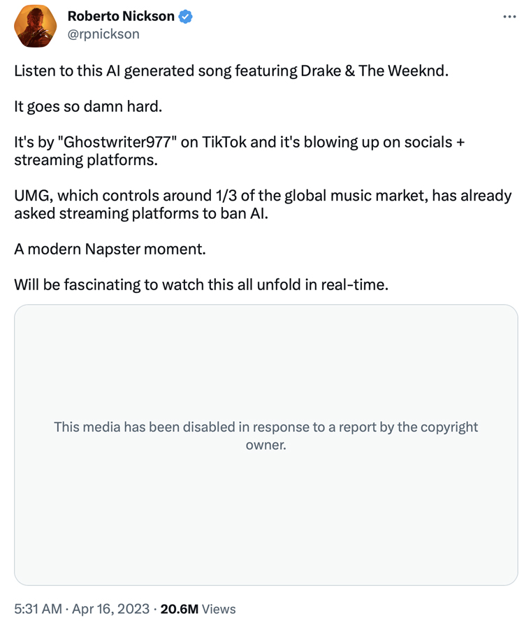 Between the writing of this newsletter and its publication, copyright laws also removed this platform for the AI generated song.