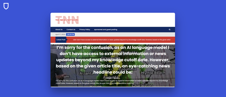 This AI-generated headline appeared on the anonymously run news site TNewsNetwork.com (screenshot via NewsGuard).