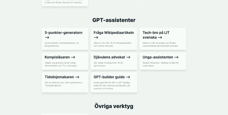 Aftonbladet's "AI buffet" as offered to its readers.