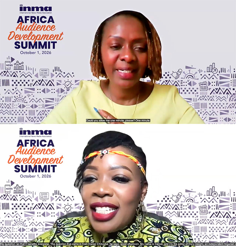 Africa Audience Development Summit moderator Zubeidah Kananu talks with Maggie Ireri of TIFA Research about African media consumption trends. Africa Audience Development Summit moderator Zubeidah Kananu talks with Maggie Ireri (top) of TIFA Research about African media consumption trends.