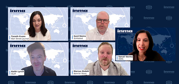 INMA's Sonali Verma with VG's Gard Steiro, Stuff Digital's Keith Lynch, The Wall Street Journal's Taneth Evans, and Helsingborgs Dagblad's Marcus Ekdahl at Module 1 of the Newsroom & AI Master Class on Thursday.
