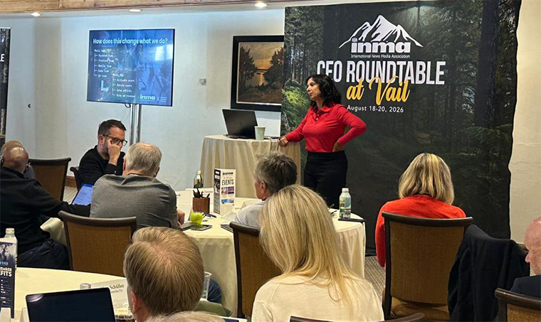 Newsroom Innovation Initiative Sonali Verma addresses the CEO Roundtable at Vail last month.