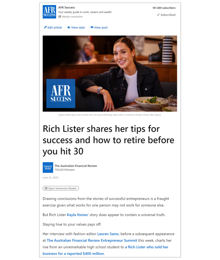 The AFR Success newsletter, as it looks on LinkedIn, is an abridged version of the Work & Careers newsletter.